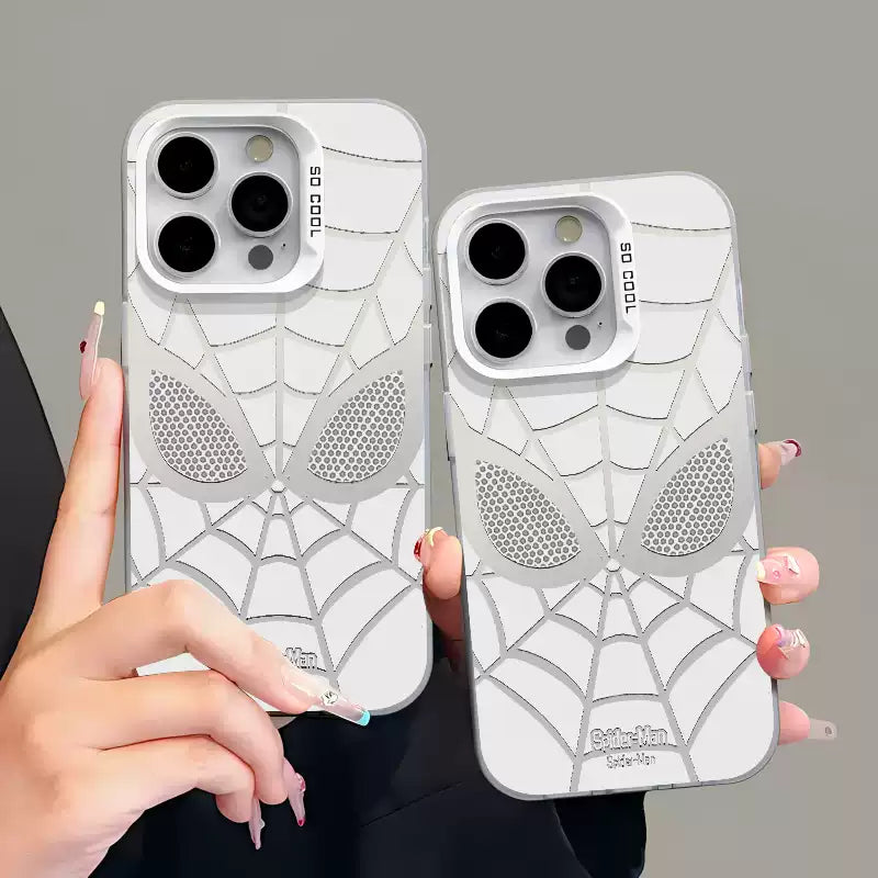 MARVEL Silver Spider Man Protective Case Set for iPhone & Airpods, Electroplated Spider Web Face Phone Cover & Earbud Case with Keychain